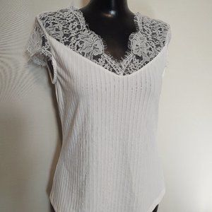 Shein White Lace & Ribbed Top - Sz. L (Junior's)